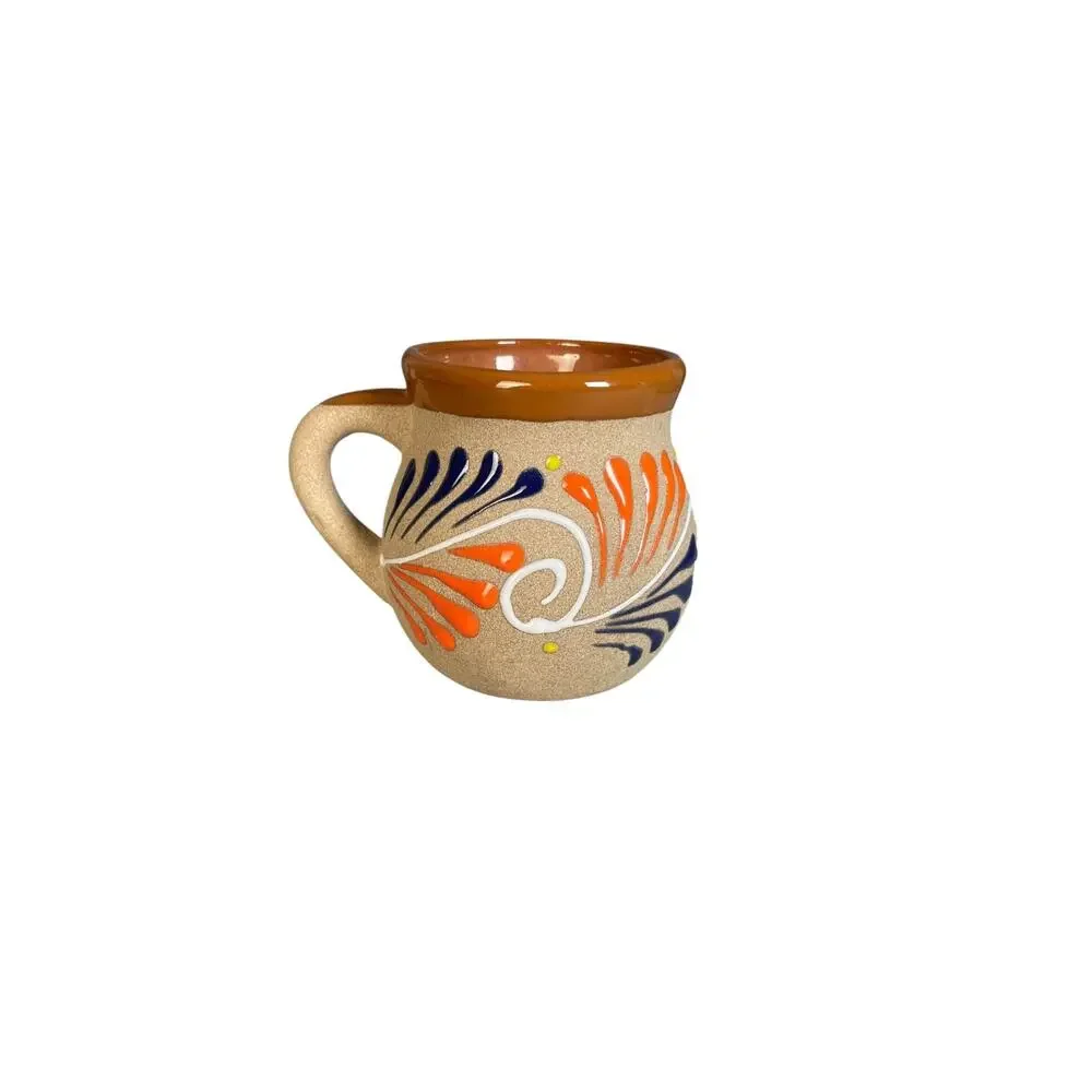 Mexican Tonala Sandstone Pottery Mug With Hand Painted Enamel & Glazed Interior